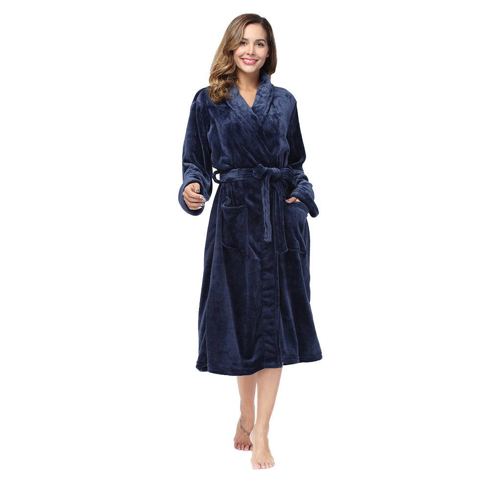 Navy fleece robe with two deep front pockets