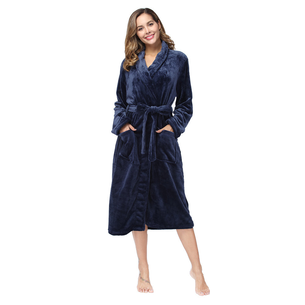 Navy plush fleece robe with tie belt, front view