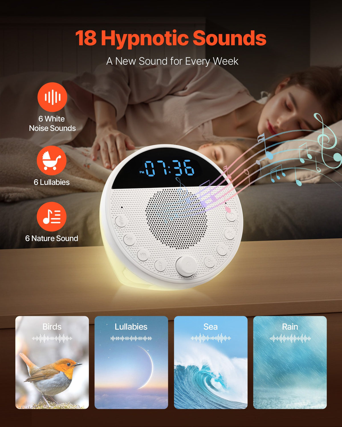 Baby sound machine with 18 soothing sounds: white noise, lullabies and nature sounds