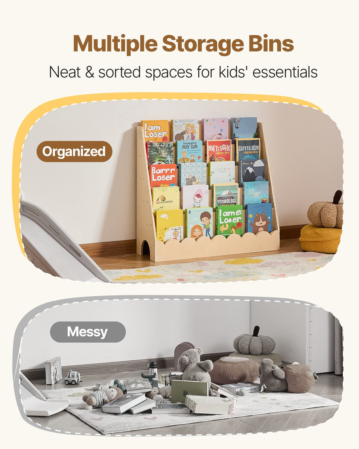 Front-facing bookshelf keeping kids' books organized