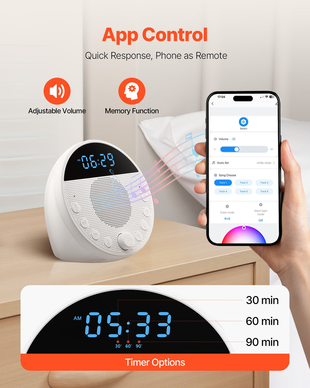 Baby sound machine on a nightstand with 30, 60 and 90 minute timer settings