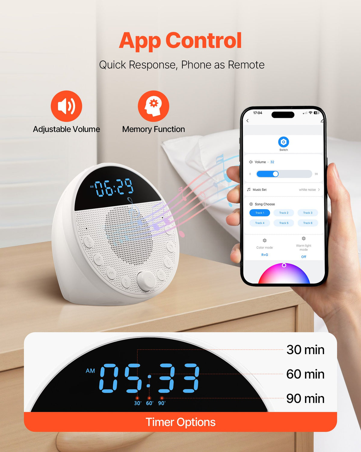 Baby sound machine on a nightstand with 30, 60 and 90 minute timer settings