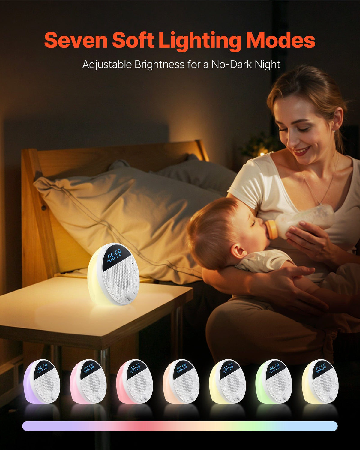 Mom feeding baby at night beside the sound machine's soft color night light