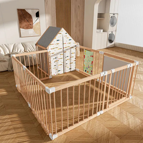Natural wood baby play yard with door and foldable panels