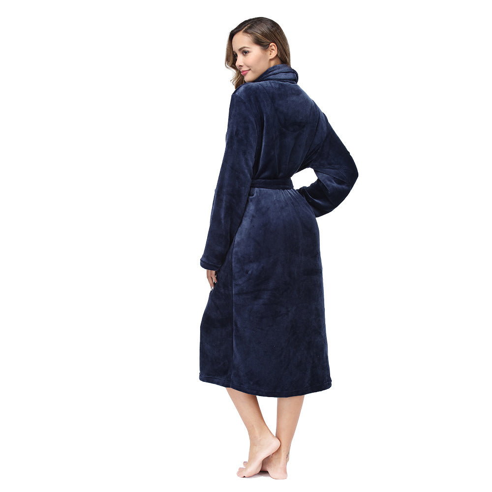Navy fleece robe with shawl collar, back side view