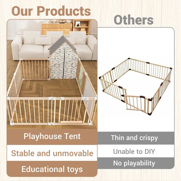 Natural wood playpen with playhouse panel compared with a basic play yard