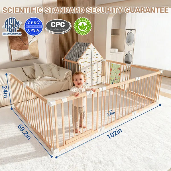 Toddler standing in the wooden playpen, 102 x 69 inches and 24 inches tall