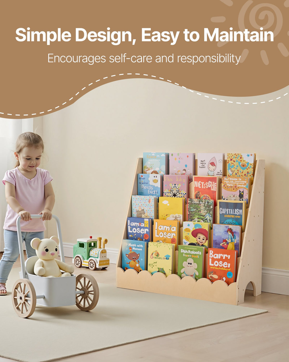 Girl playing beside the front-facing kids bookshelf filled with books