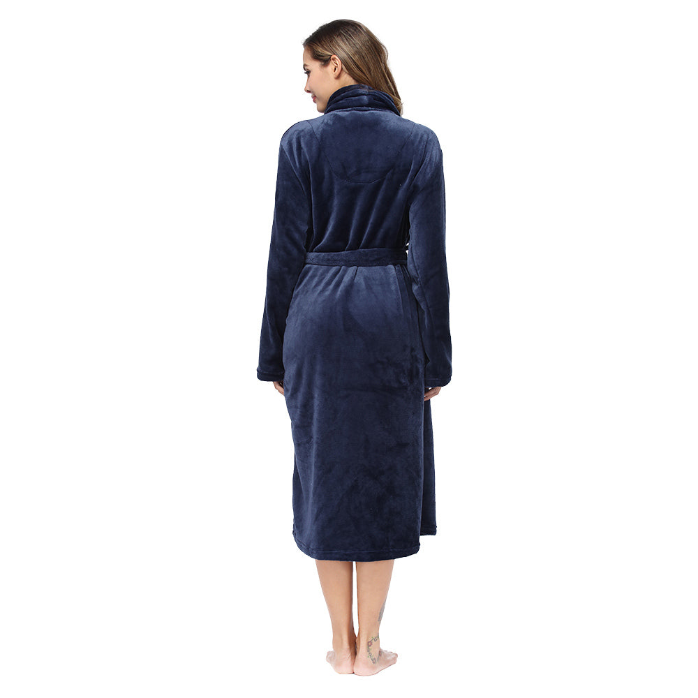 Navy plush fleece robe, back view