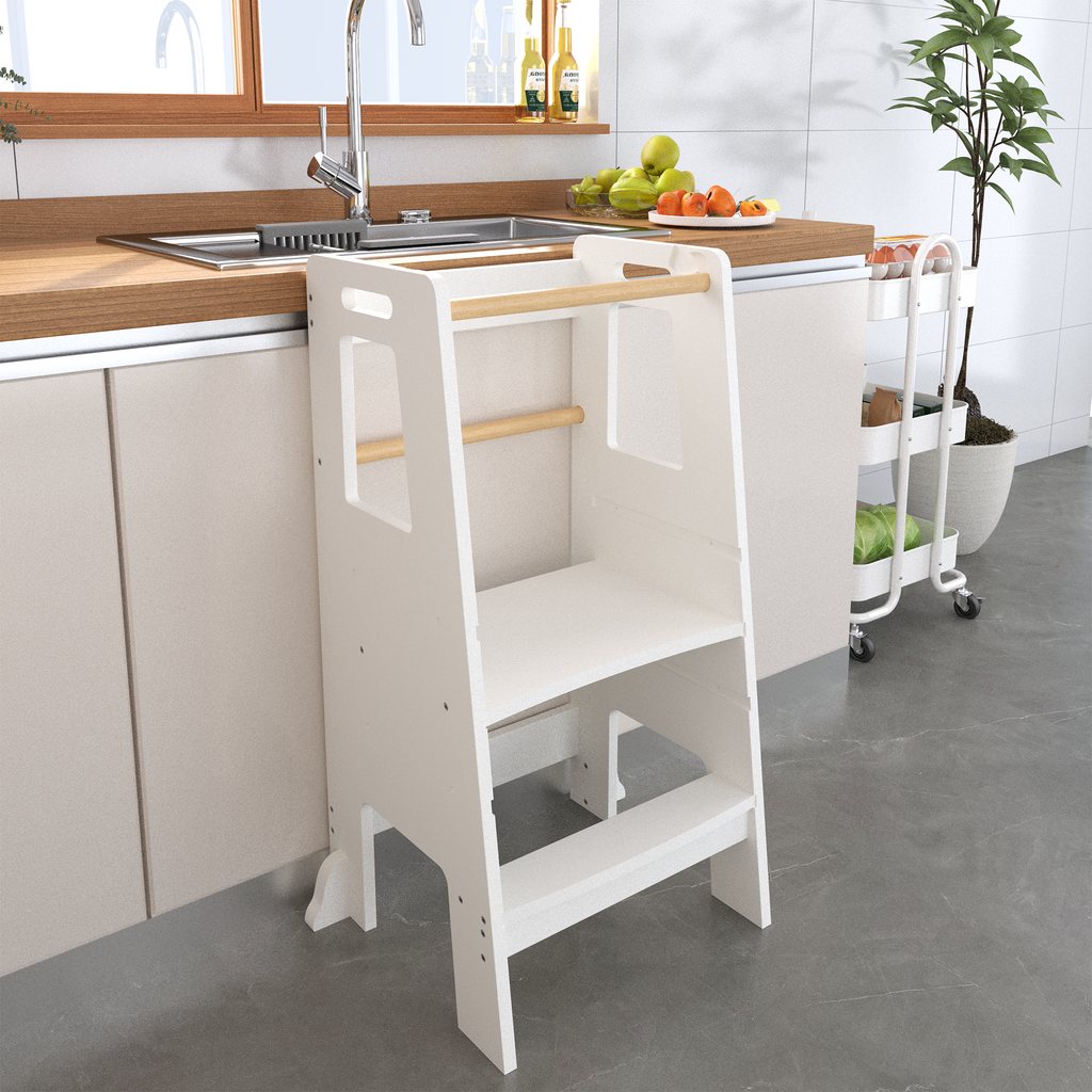 White wooden toddler kitchen helper stool with safety rail and step