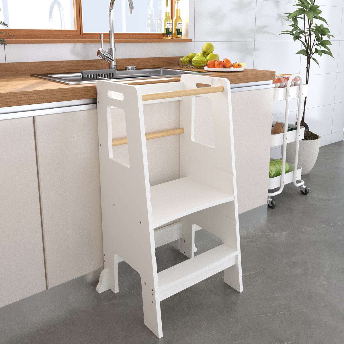 White wooden toddler kitchen helper stool with safety rail and step