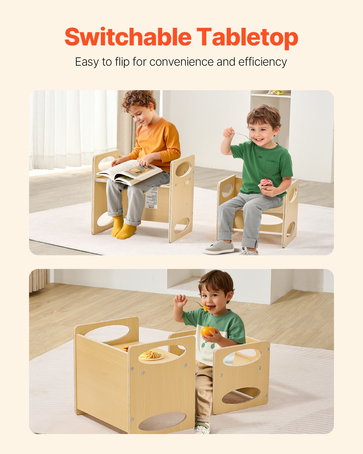 Toddlers using the flip-over wooden table and chair set
