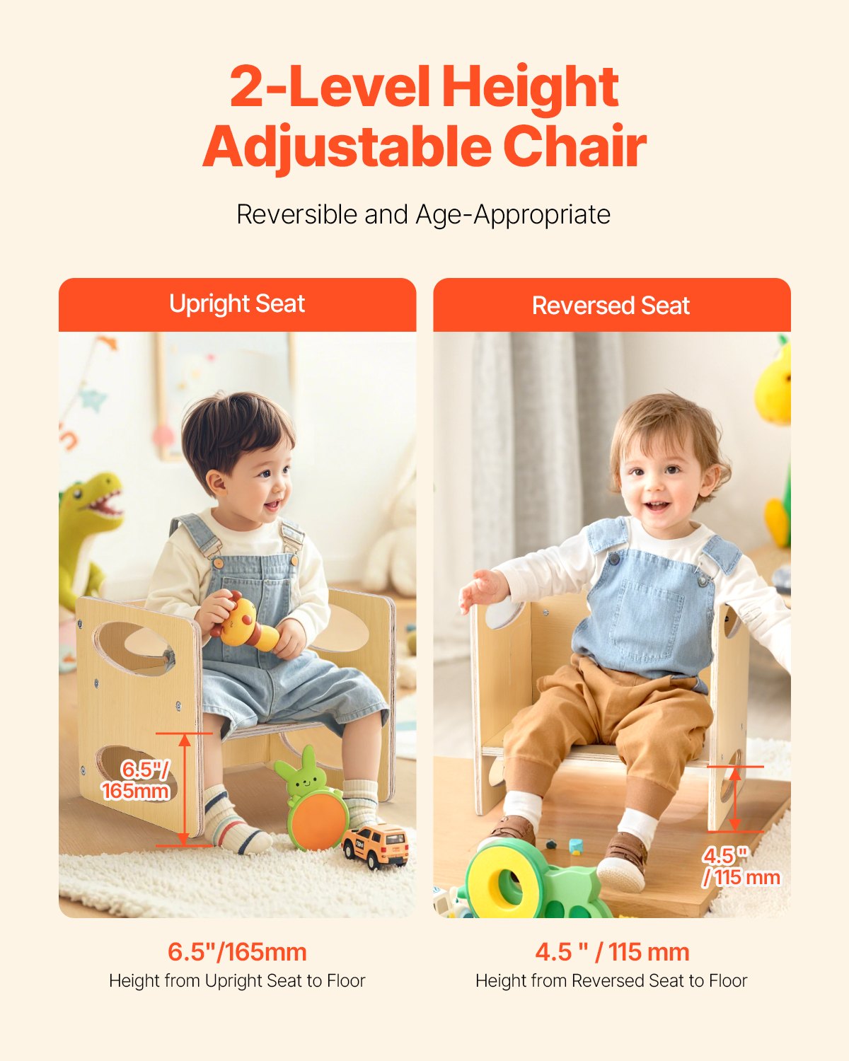 Reversible weaning chair with two seat heights, 6.5 and 4.5 inches