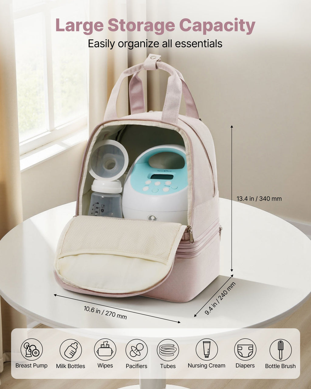 Breast pump backpack interior pockets for pump and bottles