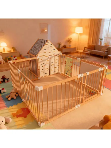 Lovelyz natural wood baby playpen with playhouse panel in a nursery