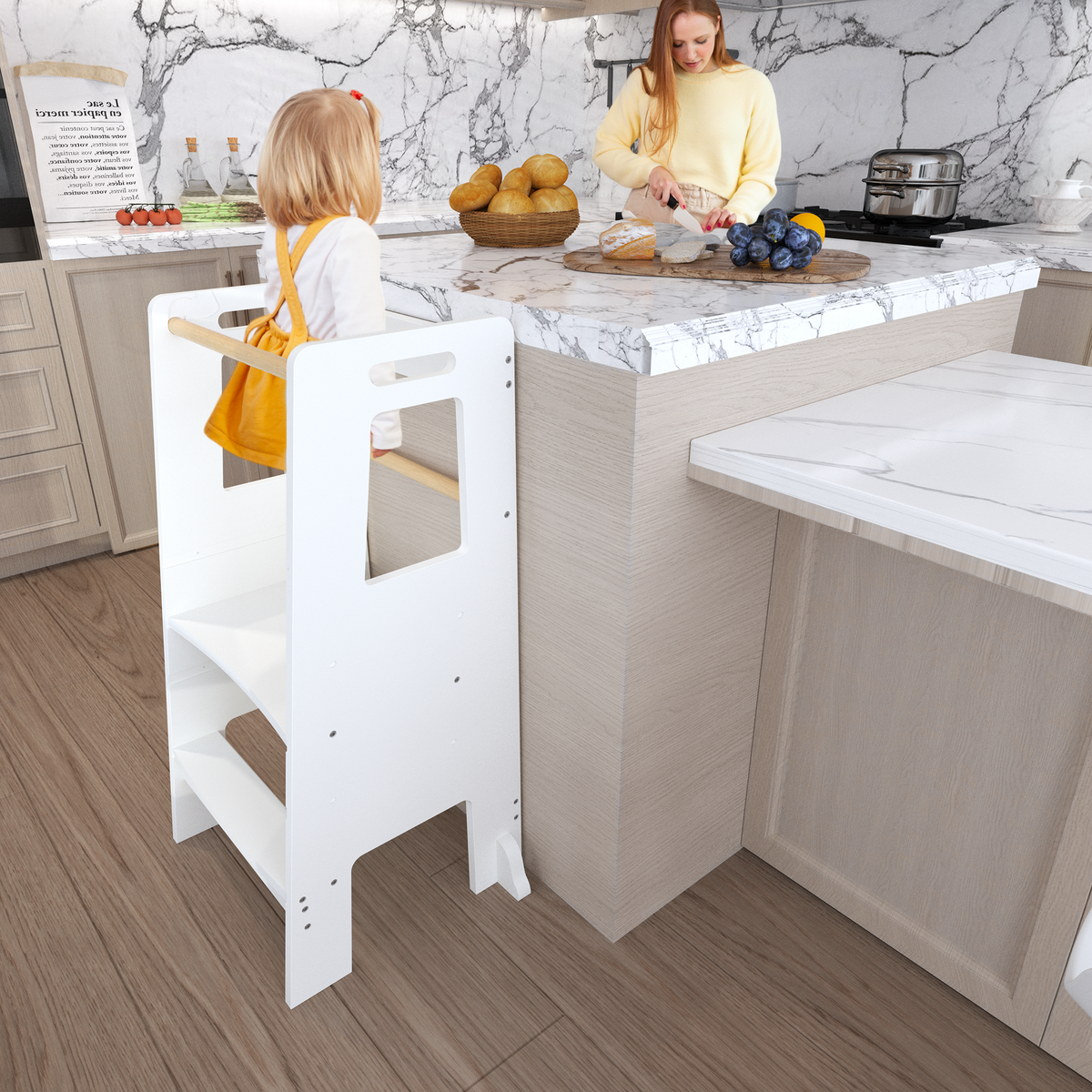 Toddler helping in the kitchen from the white wooden learning tower
