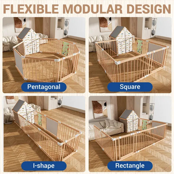 Wooden playpen set up in four layouts: pentagon, square, I-shape and rectangle