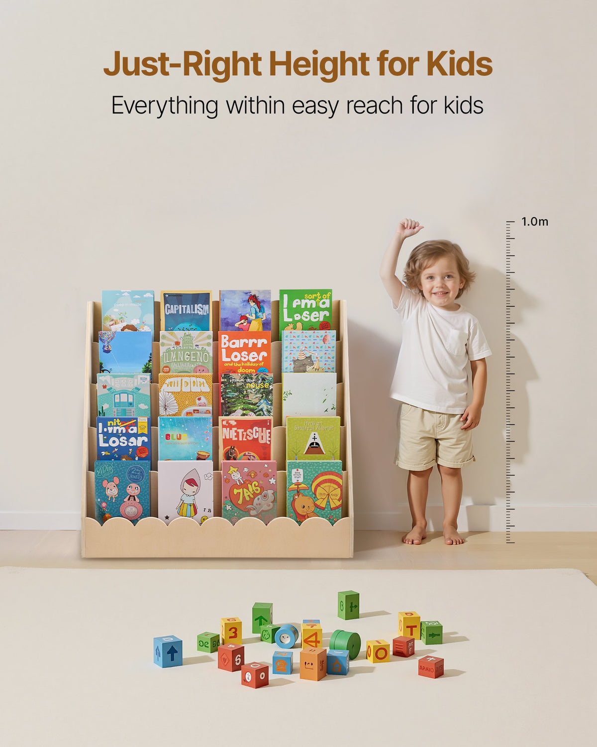 Child-height 5-tier bookshelf with picture books next to a toddler