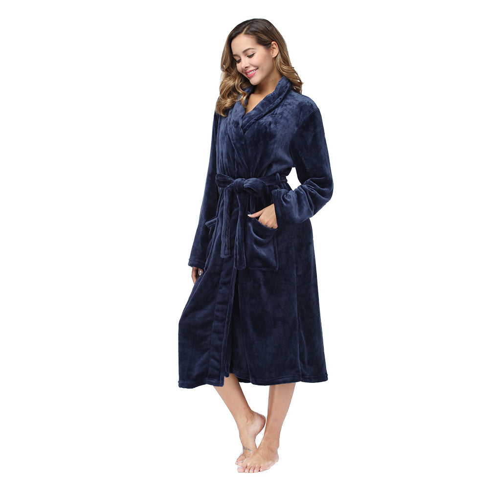 Mid-calf navy fleece robe, side view