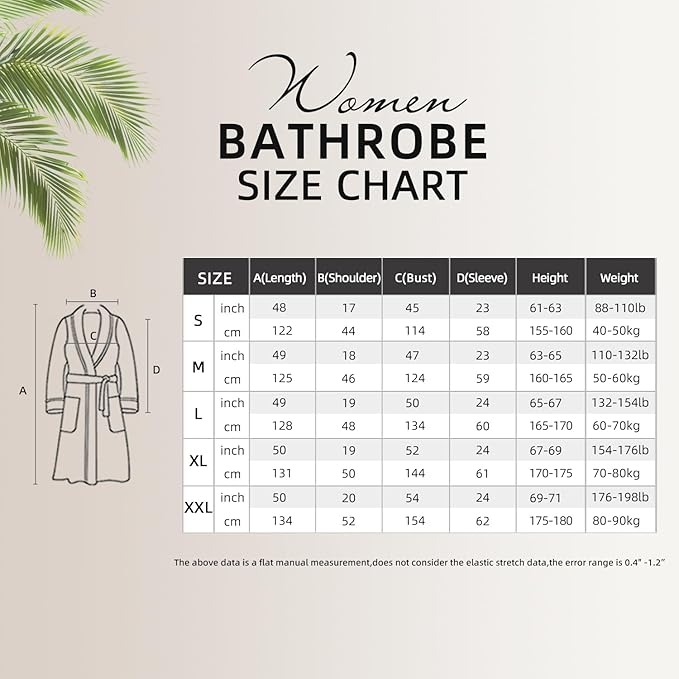 Women's fleece robe size chart, S to XXL