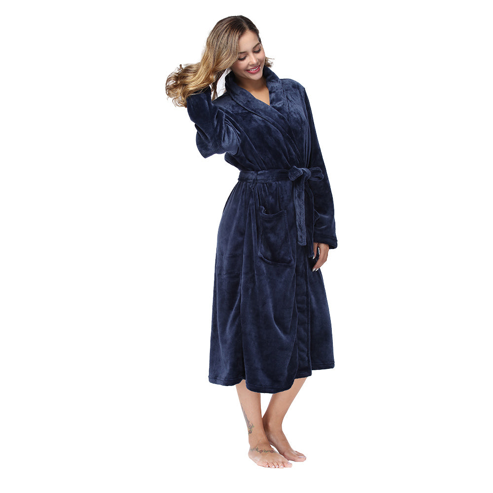 Woman wearing the Lovelyz navy plush fleece robe